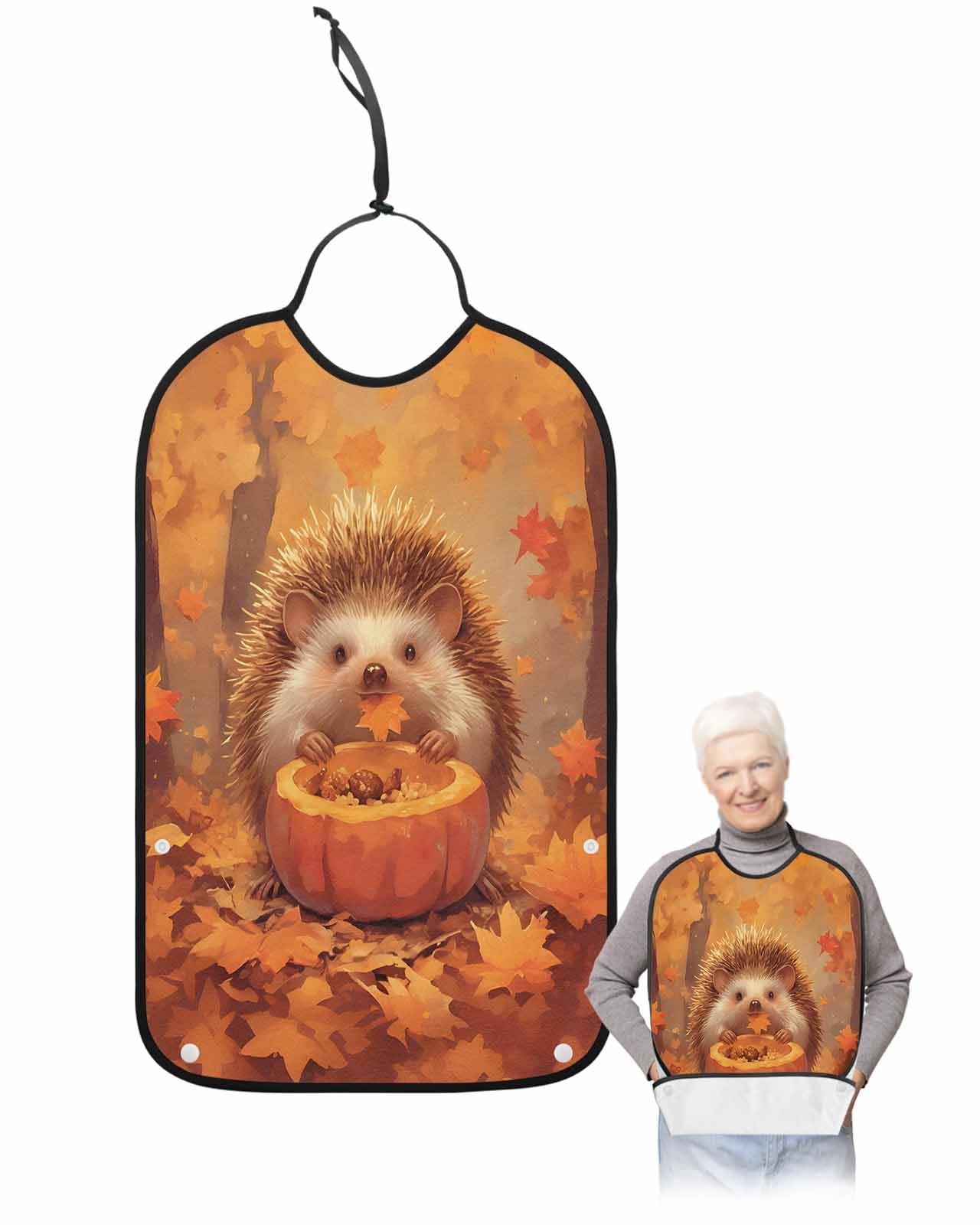 Fall Forest Pumpkin Adult Bib for Adults Men, Women, Orange Autumn Maple Leaves Animal Washable & Adjustable Terry Cloth Bib with Crumb Catcher Reusable Waterproof Clothing Clothes Protector Apron