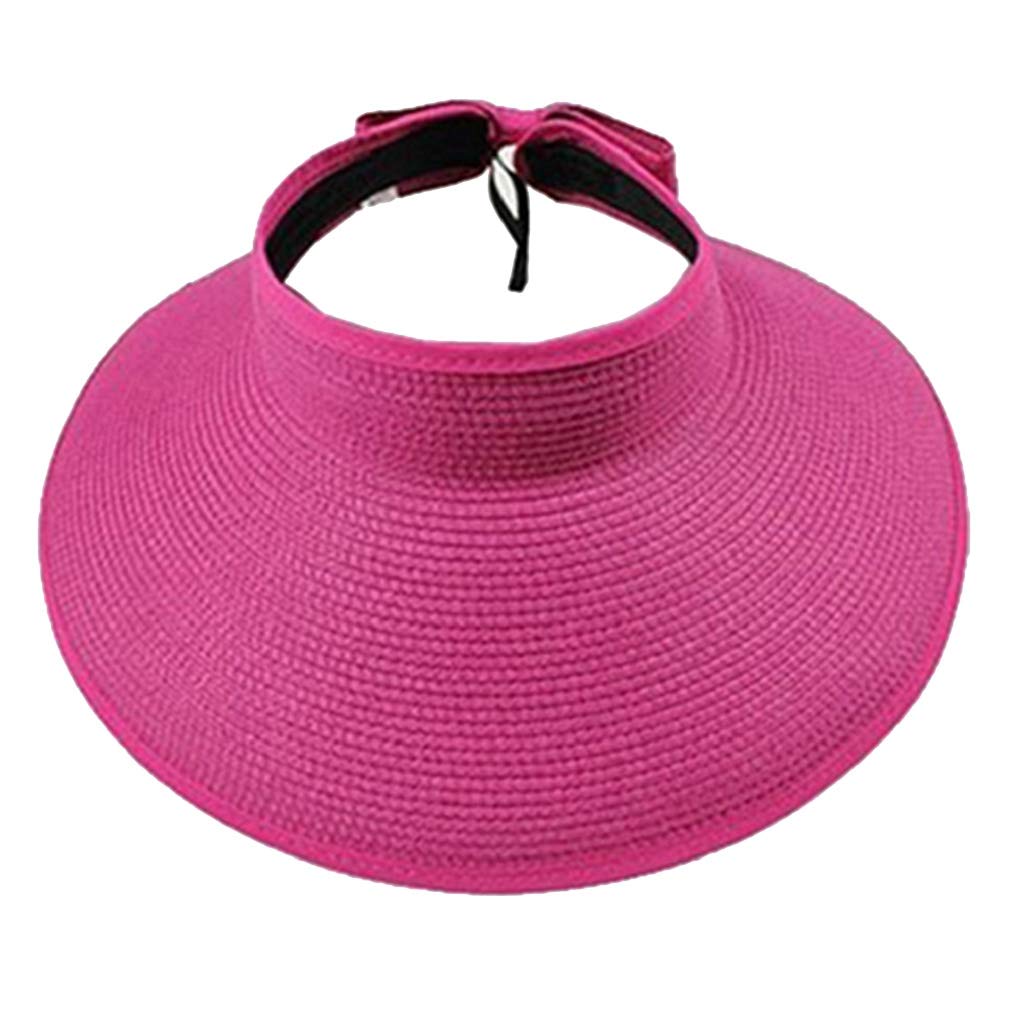 Junhouse Women's Hot Pink Bowtie Wide Brim Straw Sun Visor Hat Foldable Roll Up Summer Topless Sunhats For