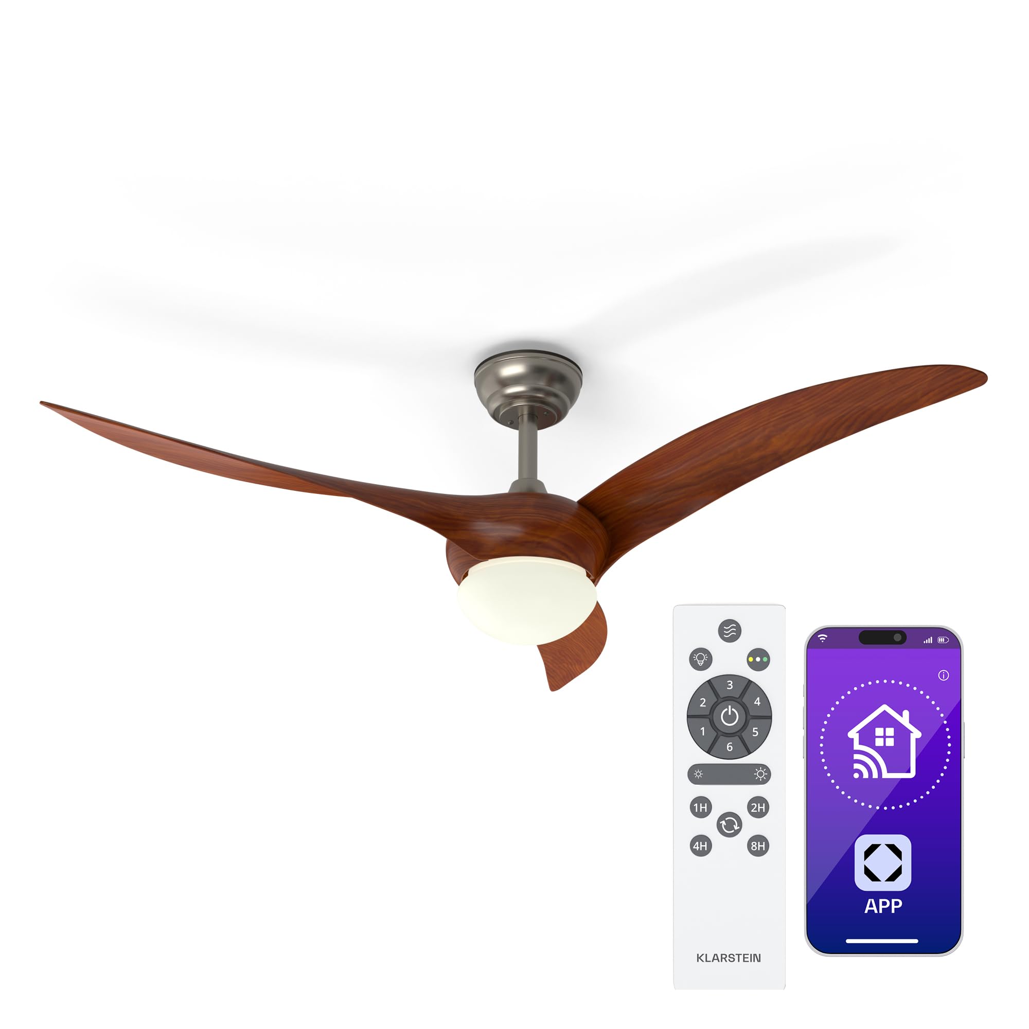 KLARSTEIN Ventilador de Techo con Luz – Control Inteligente por App, Luz Regulable 3 Tonos, 6 Velocidades, Modos Verano & Invierno, 132cm, Nogal