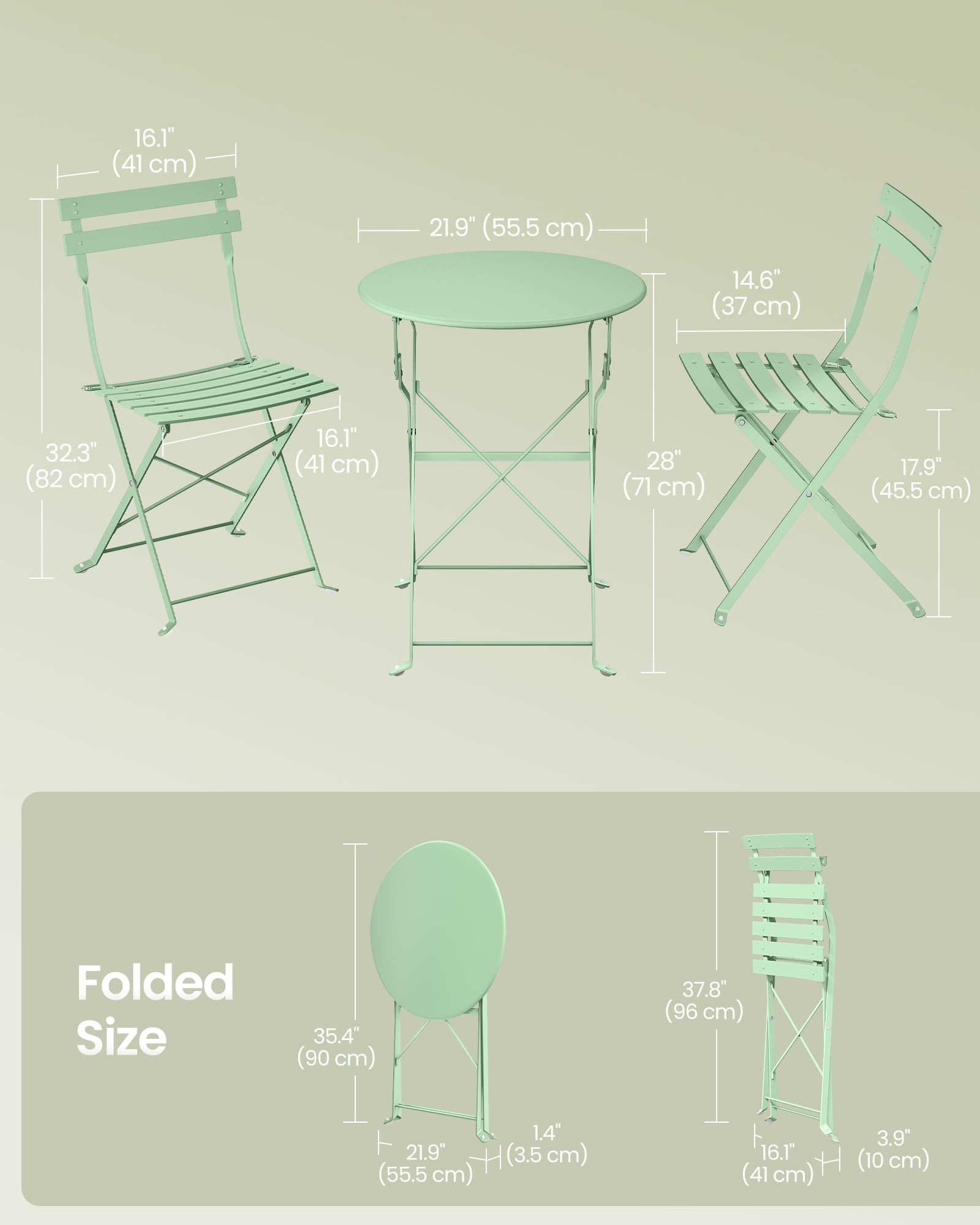 SONGMICS 3-Piece Outdoor Bistro Set, Folding Patio Furniture Set with Table and 2 Chairs, Weather-Resistant Steel Balcony Furniture, for Balcony, Patio, Garden, Smoke Green GGF036CZ01 — view 7