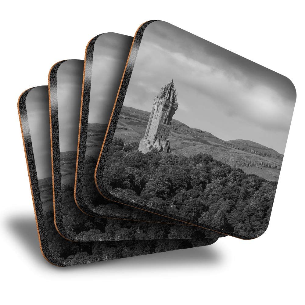 Destination Vinyl ltd Great Coasters (Set of 4) Square - BW - Wallace Monument Scotland UK Drink Glossy Coasters/Tabletop Protection for Any Table Type #41916