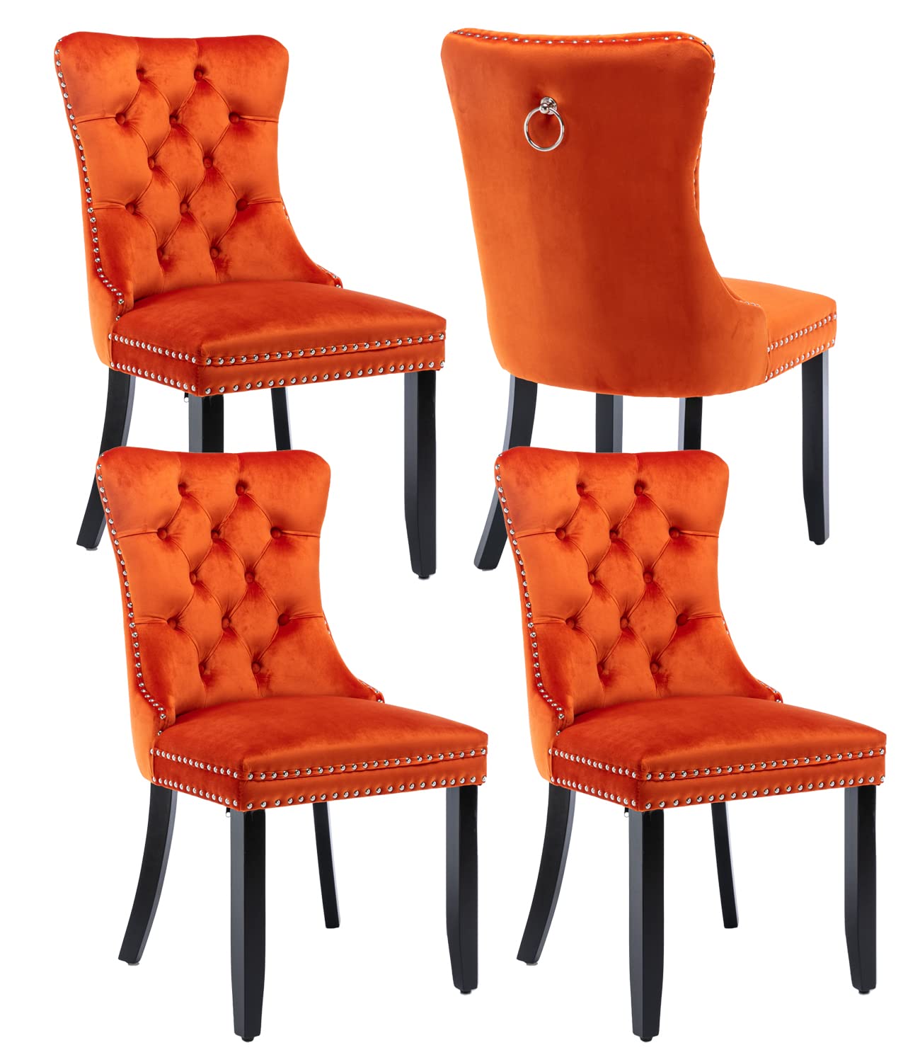Shenyon Velvet Dining Chairs Set of 4, Upholstered Dining Room Chairs with Back Ring Pull Trim and Solid Wood Legs,Tufted Wingback Kitchen Chair