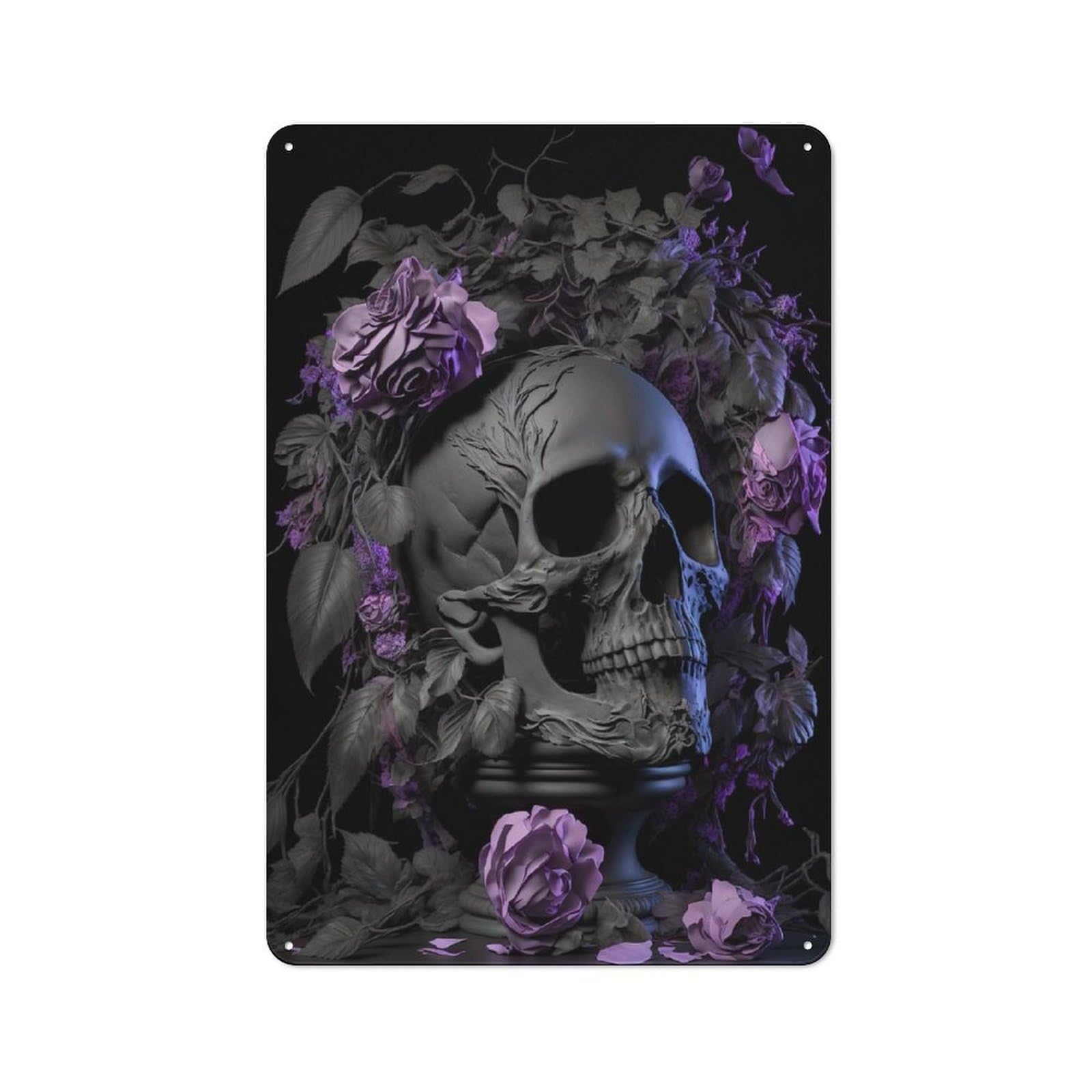 Junmoney Grey Skull Purple Roses Farmhouse Metal Sign 30X20cm, Rustic Cottage Wall Art For Cottage, Kitchen, Hallway Or Breakfast Nook