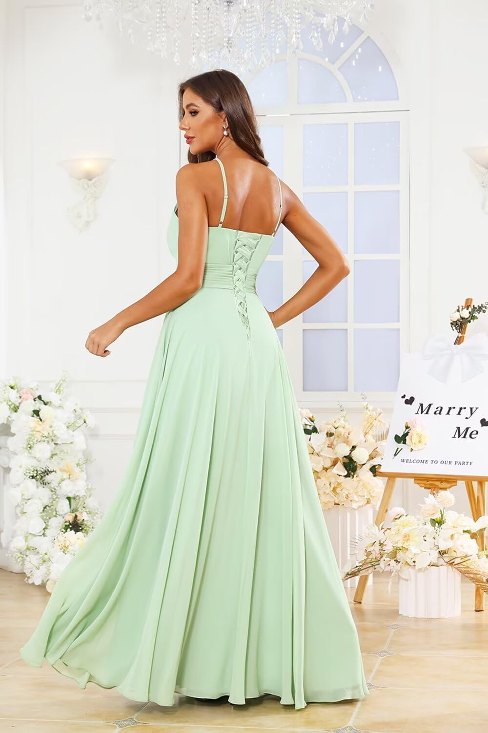 SoDigne Halter Pleated Long Bridesmaid Dresses for Women A Line Chiffon Corset Wedding Guest Gown