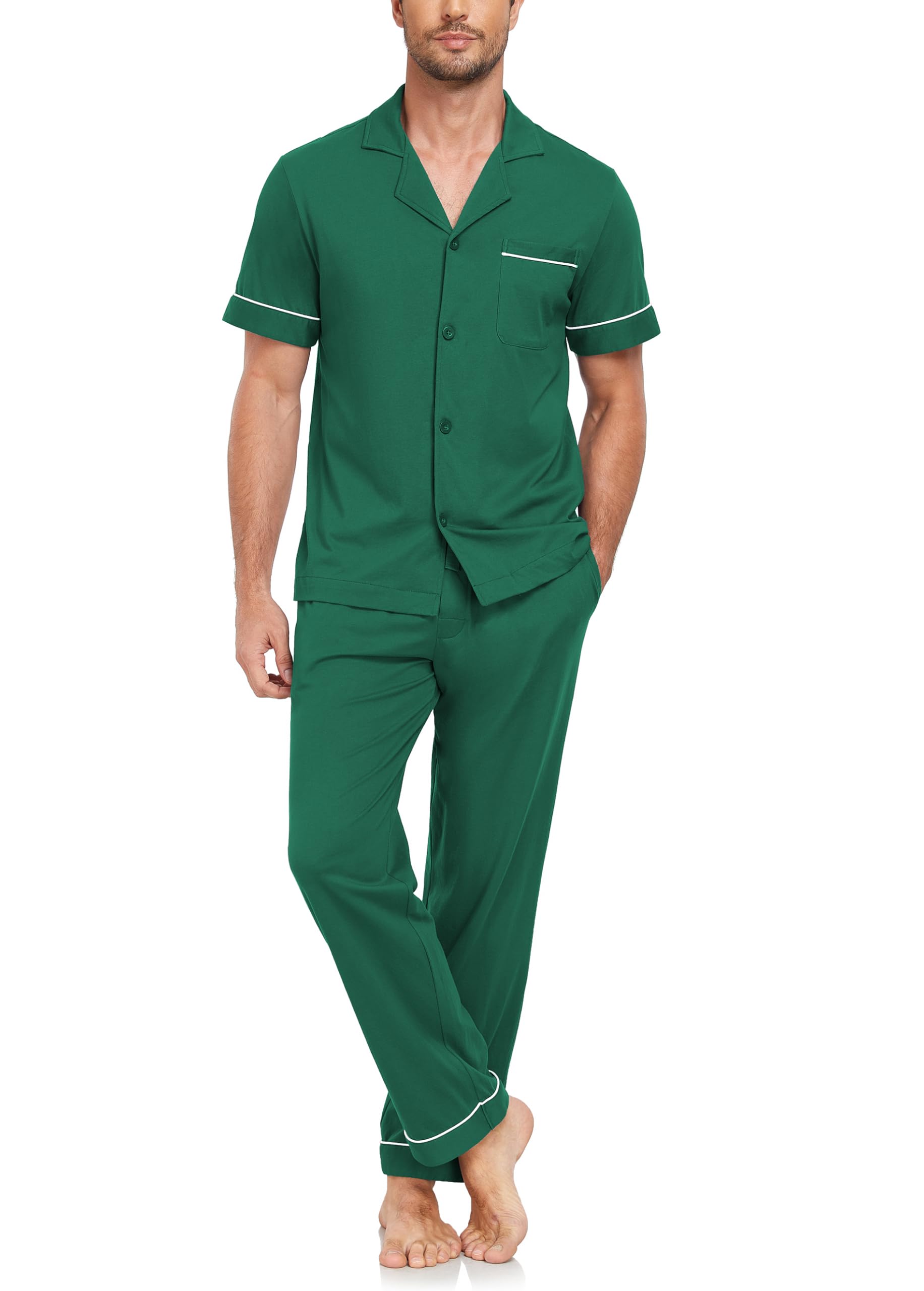 EA'S SECRET 100% Baumwolle Herren Schlafanzug Set Kurzarm & Langhose Loungeset Knopfverschluss Pyjama mit Taschen S-XXL