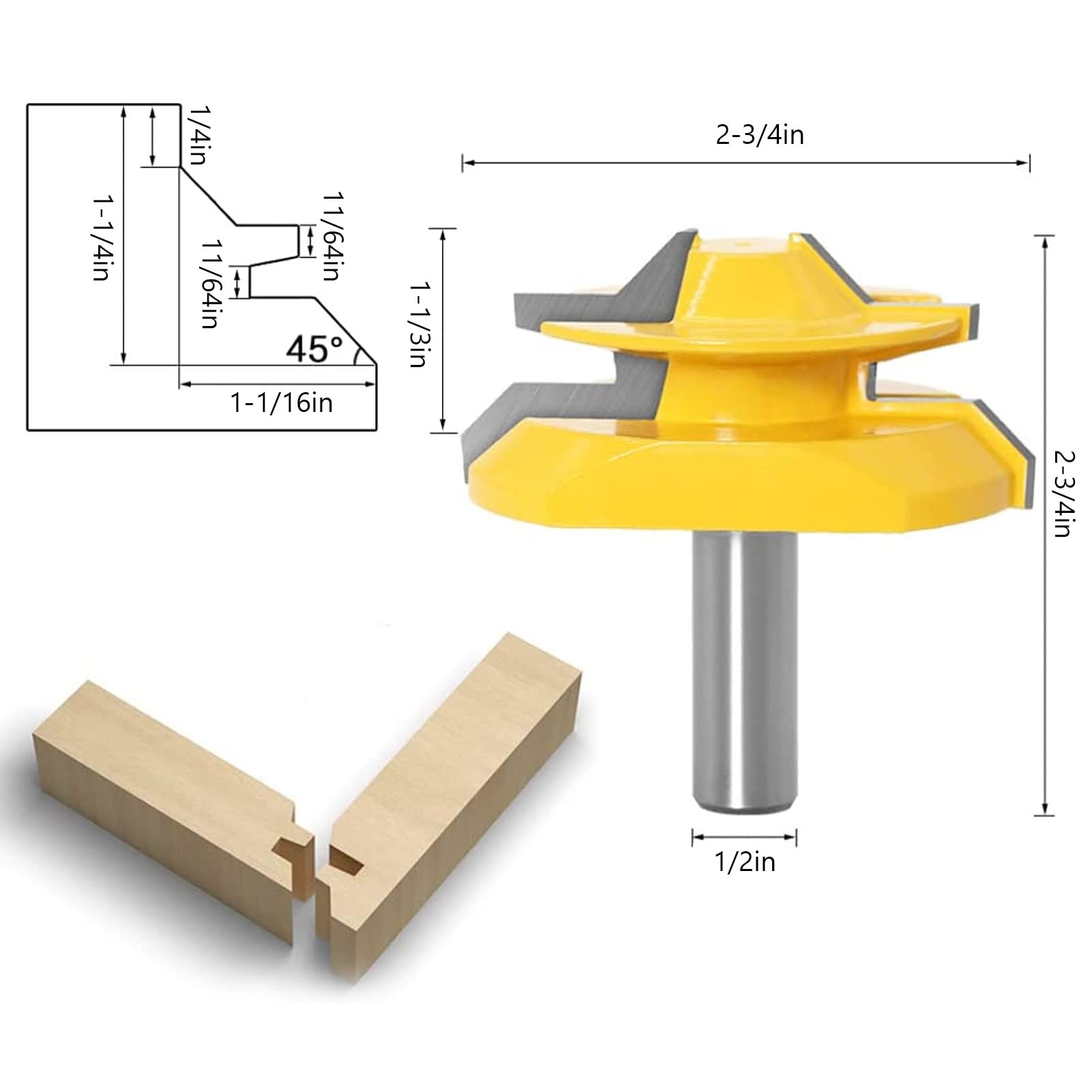 Kit di Punte per Fresa per Mitra con Bloccaggio Colla Forte da 3 Pezzi a 45 Gradi Macchine da Taglio la Lavorazione del Legno, Lame in Acciaio Al Carbonio Armadi e Cassetti