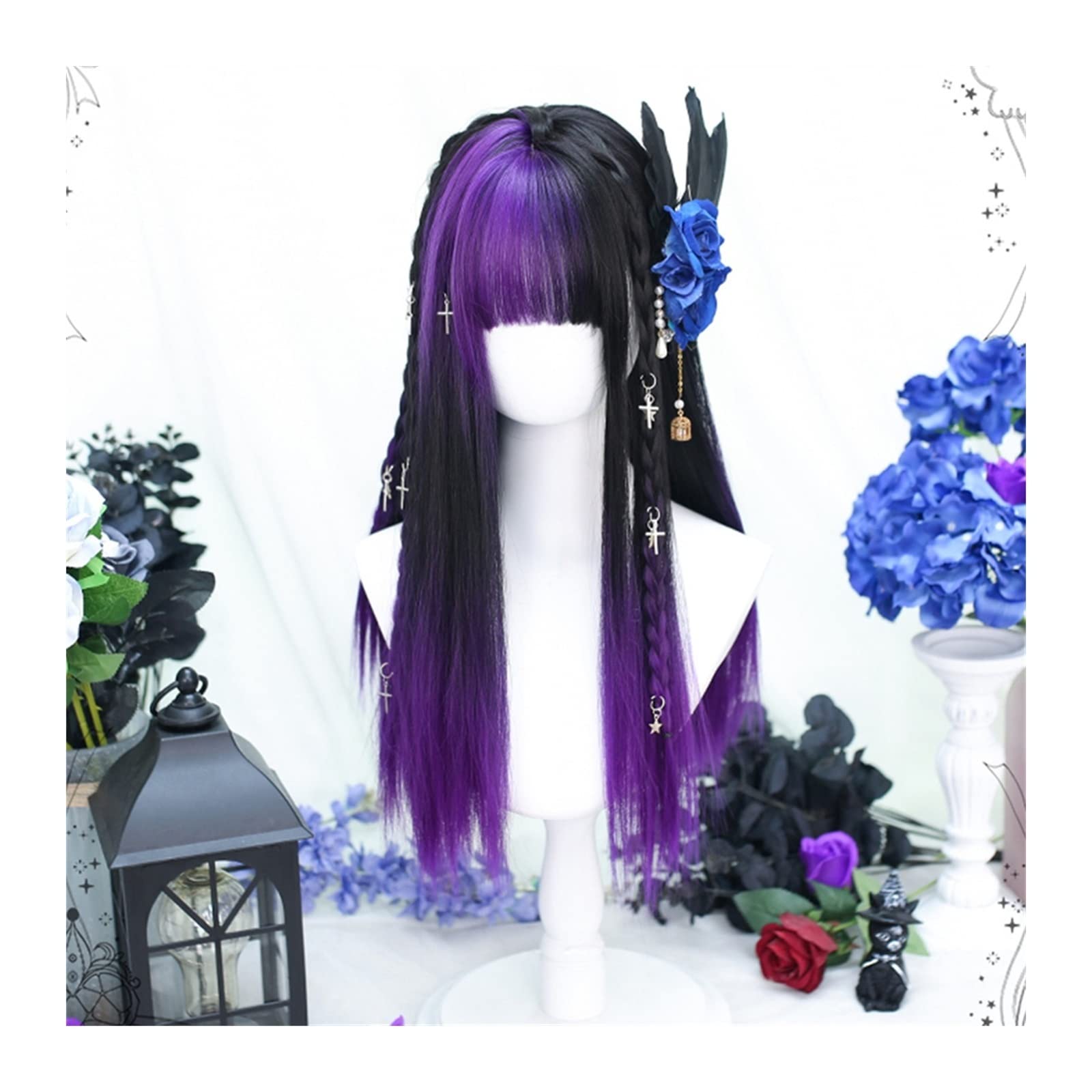 Peruki z koronką falową Długa fioletowa czarna peruka z prostymi włosami jedwabiście prosta syntetyczna żaroodporna grzywka peruka kostium na Halloween Cosplay peruki do włosów dla kobiet Peruki z nat