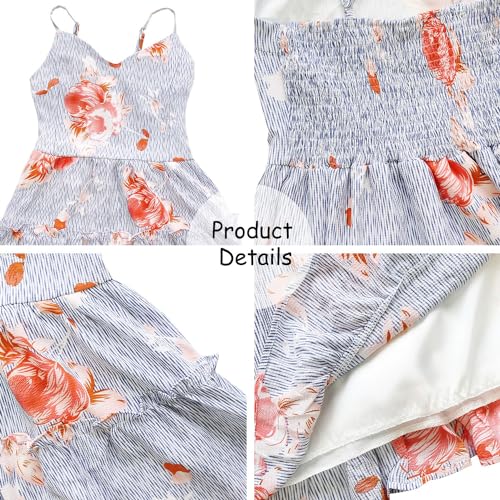 Image of FANCYINN Women Floral Casual Tiered Mini Dresses Spaghetti Strap V Neck Backless A Line Swing Short Dress with Pockets