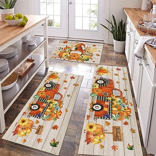 Pauwer Fall Kitchen Rugs Sets of 3, Farmhouse Kitchen Runner Rugs, Non Skid, Machine Washable, Orange, Multicolor, 20"x59"