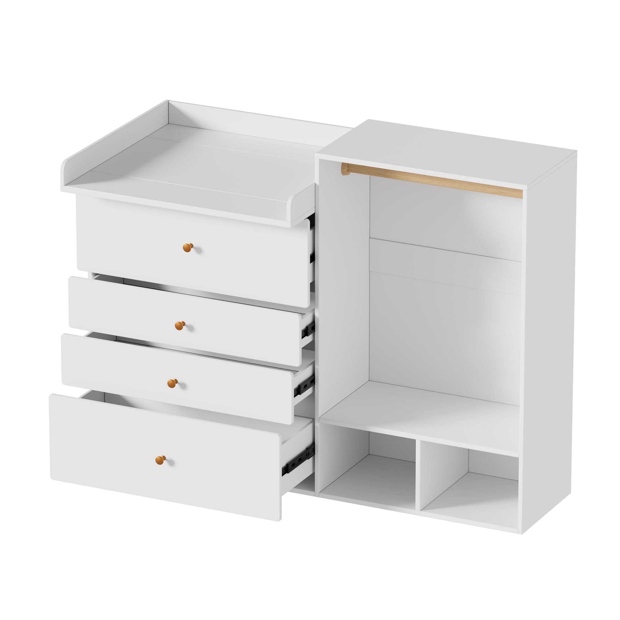 MSFE Cambiador Bebe con 4 Cajones, área para colgar ropa, Mueble Cambiador bebe, Cómoda cambiadors, Estantes laterales,No incluye cojín de mesa, 150x112x38cm, fino a 100KG, Dos paquetes