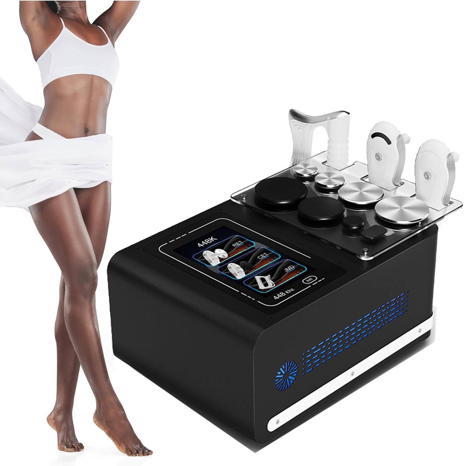 Máquina de radiofrecuencia Profesional 8 en 1 con 3 Mangos y 1 Placa Negativa, para rejuvenecimiento Facial y Contorno Corporal, 448 kHz, reafirmación de la Piel y pérdida de Grasa Black