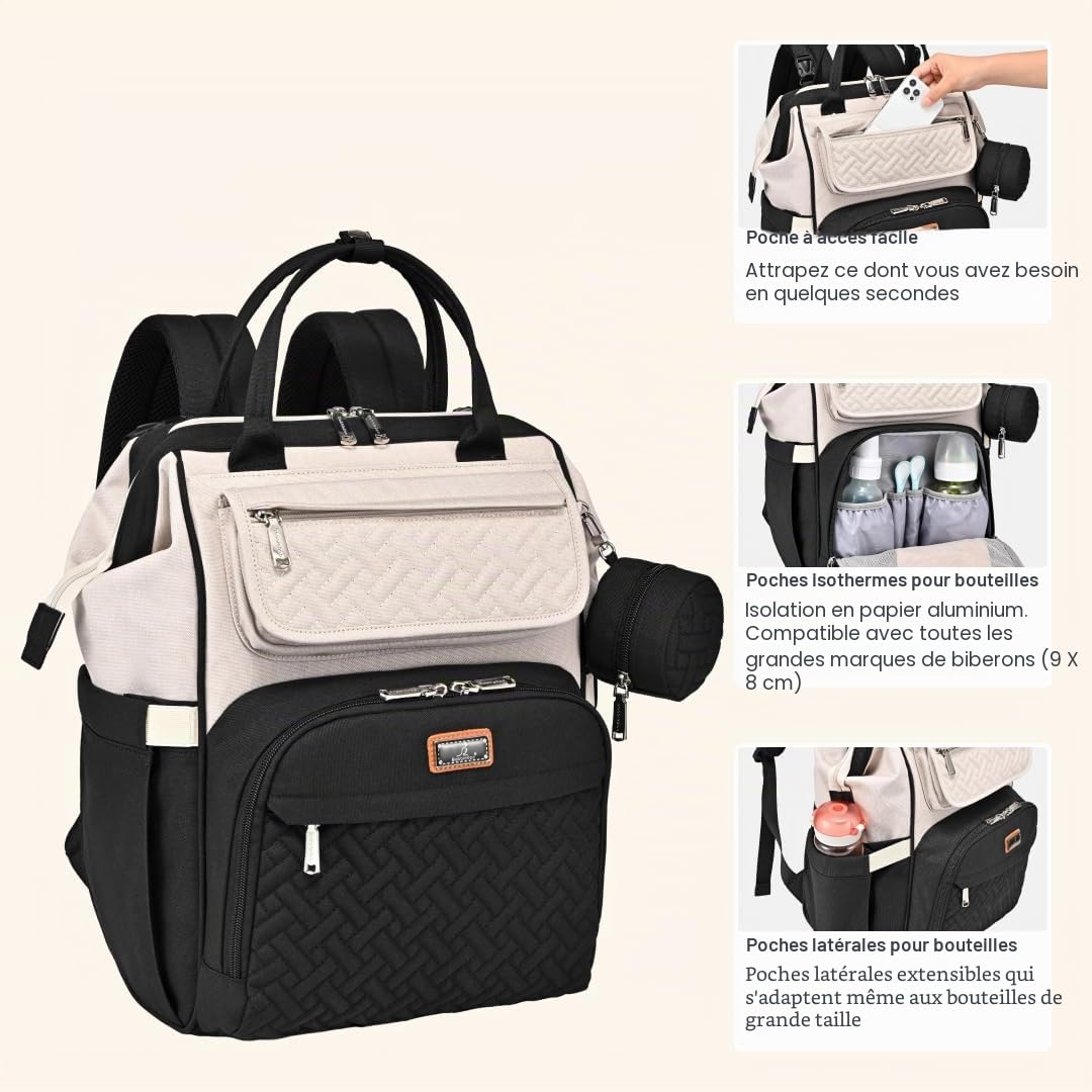 BabbleRoo Sac à Langer Bébé, Sac à Dos à Langer Grande Capacité Déperlant – Large Ouverture sur le Dessus, Tapis à Langer, Étui à Sucette Amovible, Sangles Poussette, Sac de Voyage Unisexe