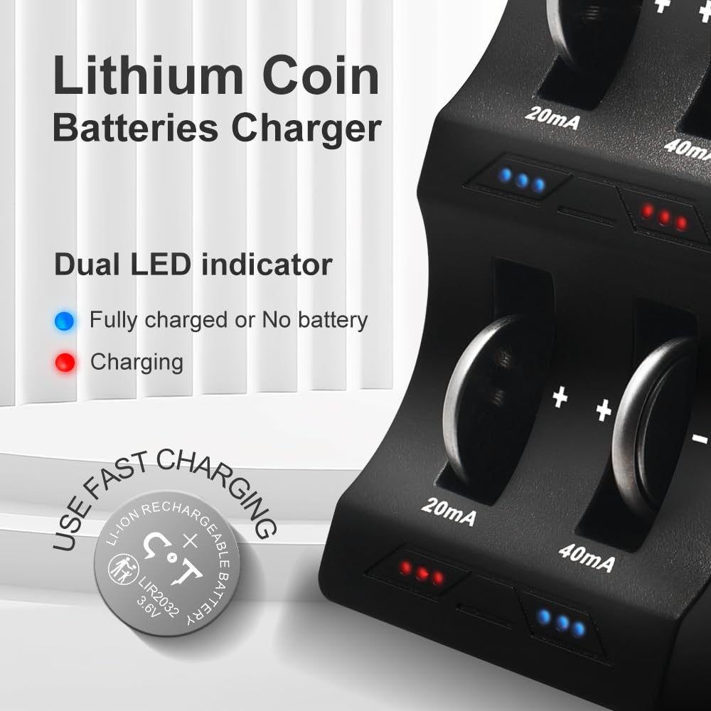 Lir2032 Lot de 6 piles rechargeables de rechange Cr2032 3,6 V Lithium Ion | Avec chargeur, pile à monnaie, boîte de rangement verrouillable pour plus de sécurité