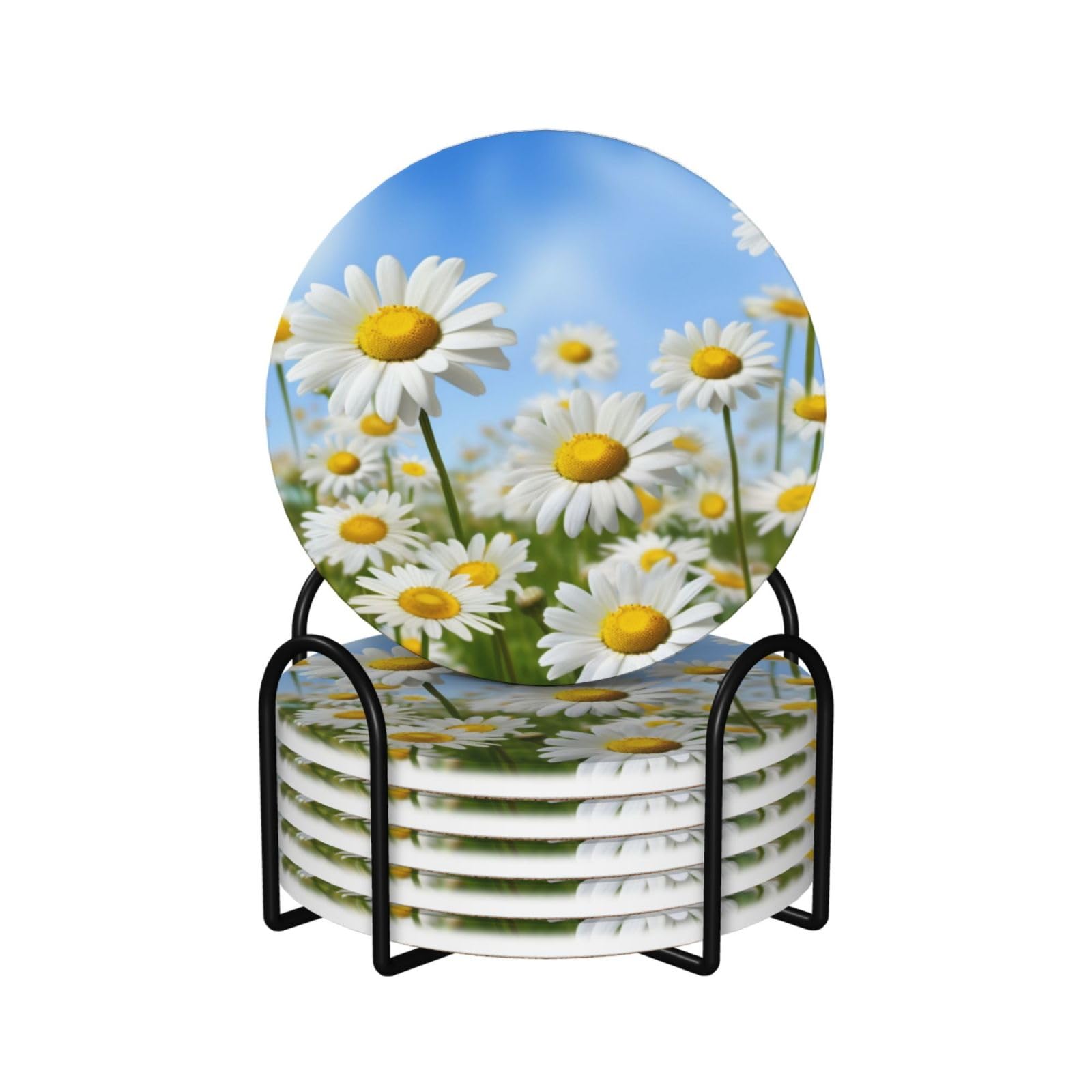 Dessous de verre en céramique lot de 6 avec support métal et motif marguerites