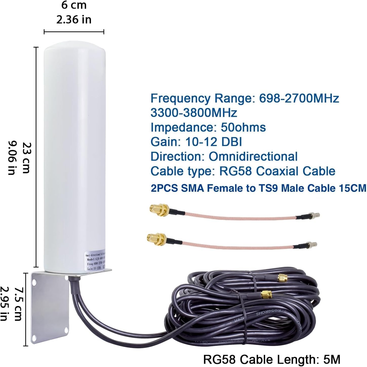 Antena zewnętrzna 10dBi 4G 5G LTE 698–2700/3300–3800 MHz z dwoma wtyczkami SMA, kabel RG58 i gniazdo SMA, wtyczka TS9, kabel RG316, 15 cm, wysokie wzmocnienie do modemu routera 3G 4G 5G