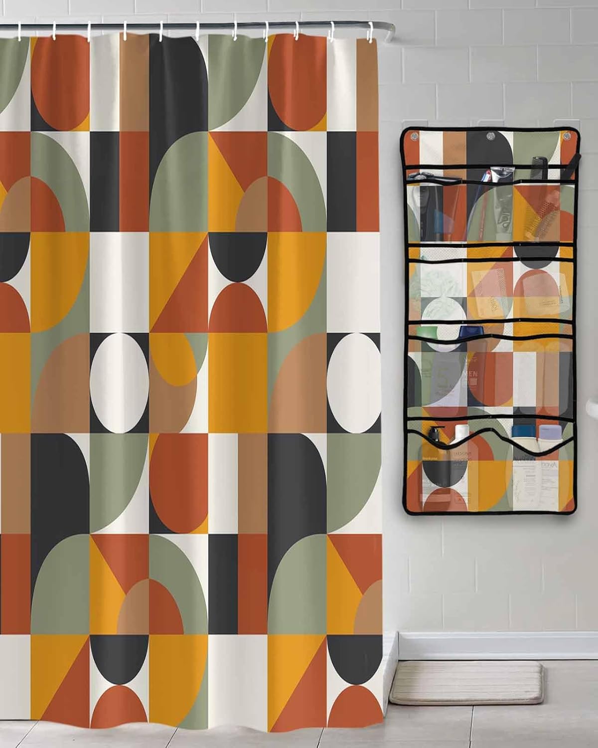 Shower Curtain Mesh Shower Organizer Hanging Set Nordic Retro Orange Black White Geometric Abstract Art Waterproof Shower Curtains