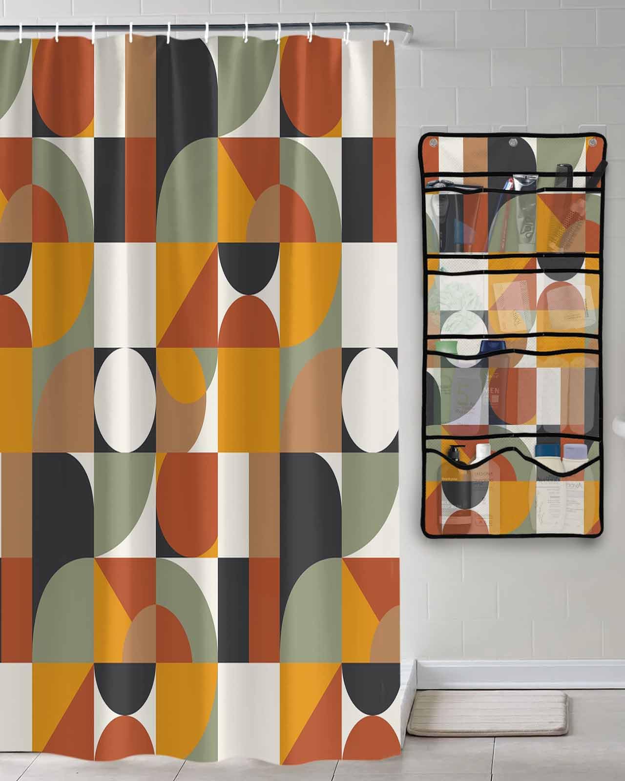 Shower Curtain Mesh Shower Organizer Hanging Set Nordic Retro Orange Black White Geometric Abstract Art Waterproof Shower Curtains