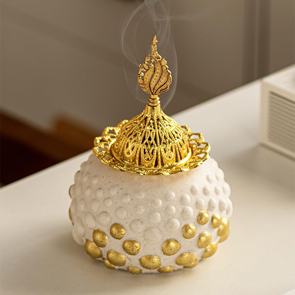 Handheld Ceramic Incense Burner with Metal Holder Home Decoration Eid Cone Middle East Arabian Festival Aromatherapy Furnace (White)