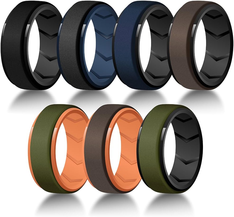7-Pack Silicone Ring Set for Him – 8mm Wide Rubber Bands in Black, Gray, Blue, Coffee, Green, Hypoallergenic Comfort Fit Wedding Band Alternative for Active Lifestyles, Sizes 7–15