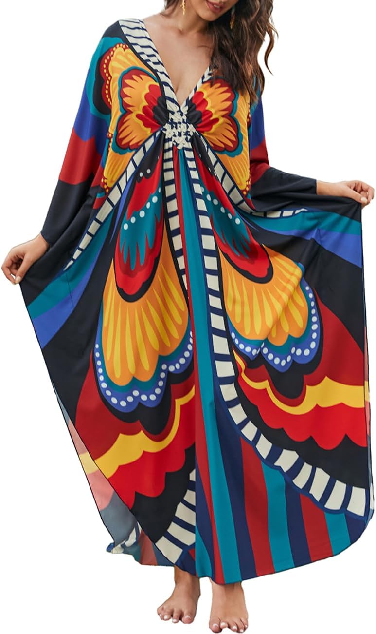 Bsubseach Kaftan Dresses for Women V Neck Butterfly Print Plus Size Batwing Sleeve Caftans Long Bathing Suit Cover Up