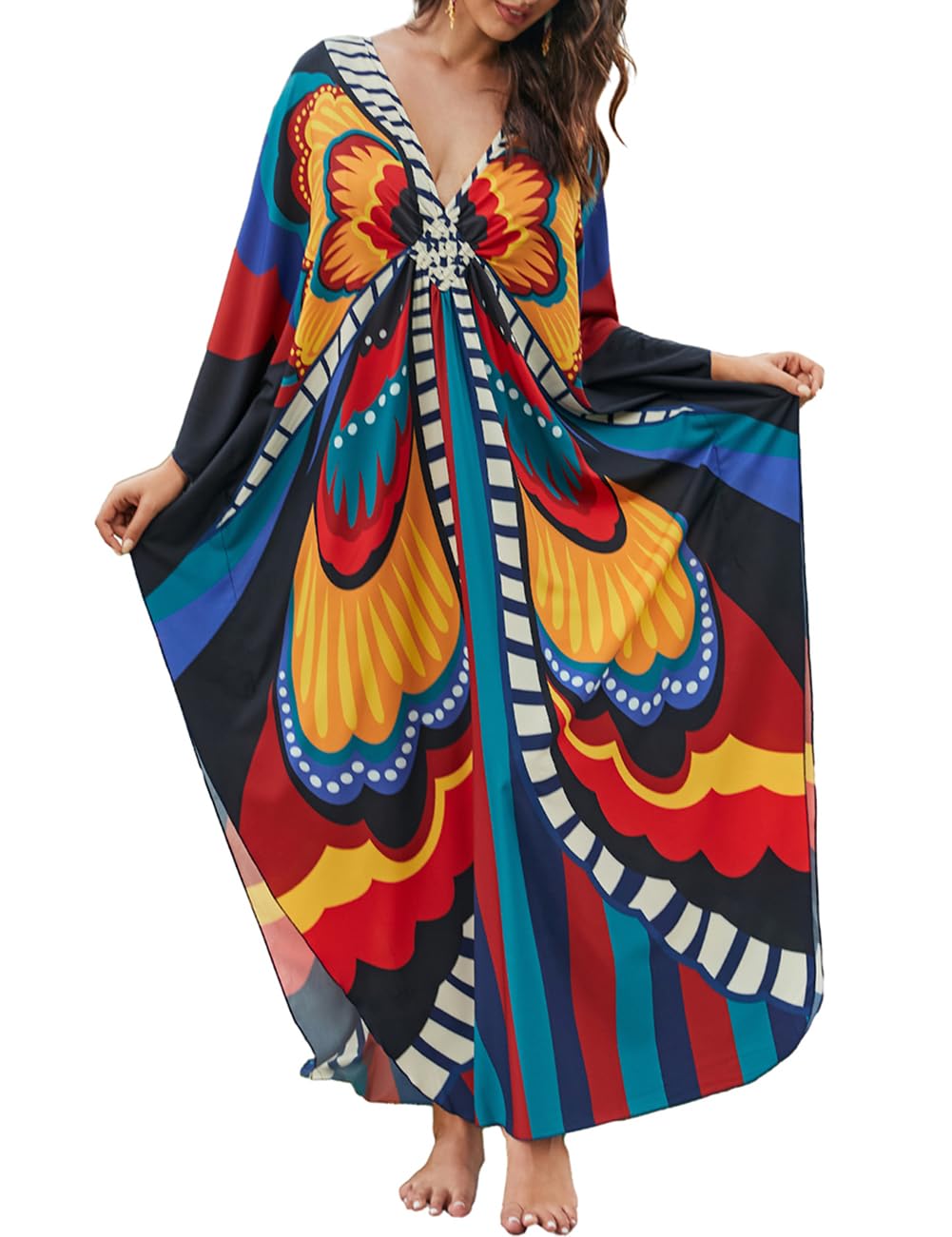 Kaftan Dresses for Women V Neck Butterfly Print Plus Size Batwing Sleeve Caftans Long Bathing Suit Cover Up