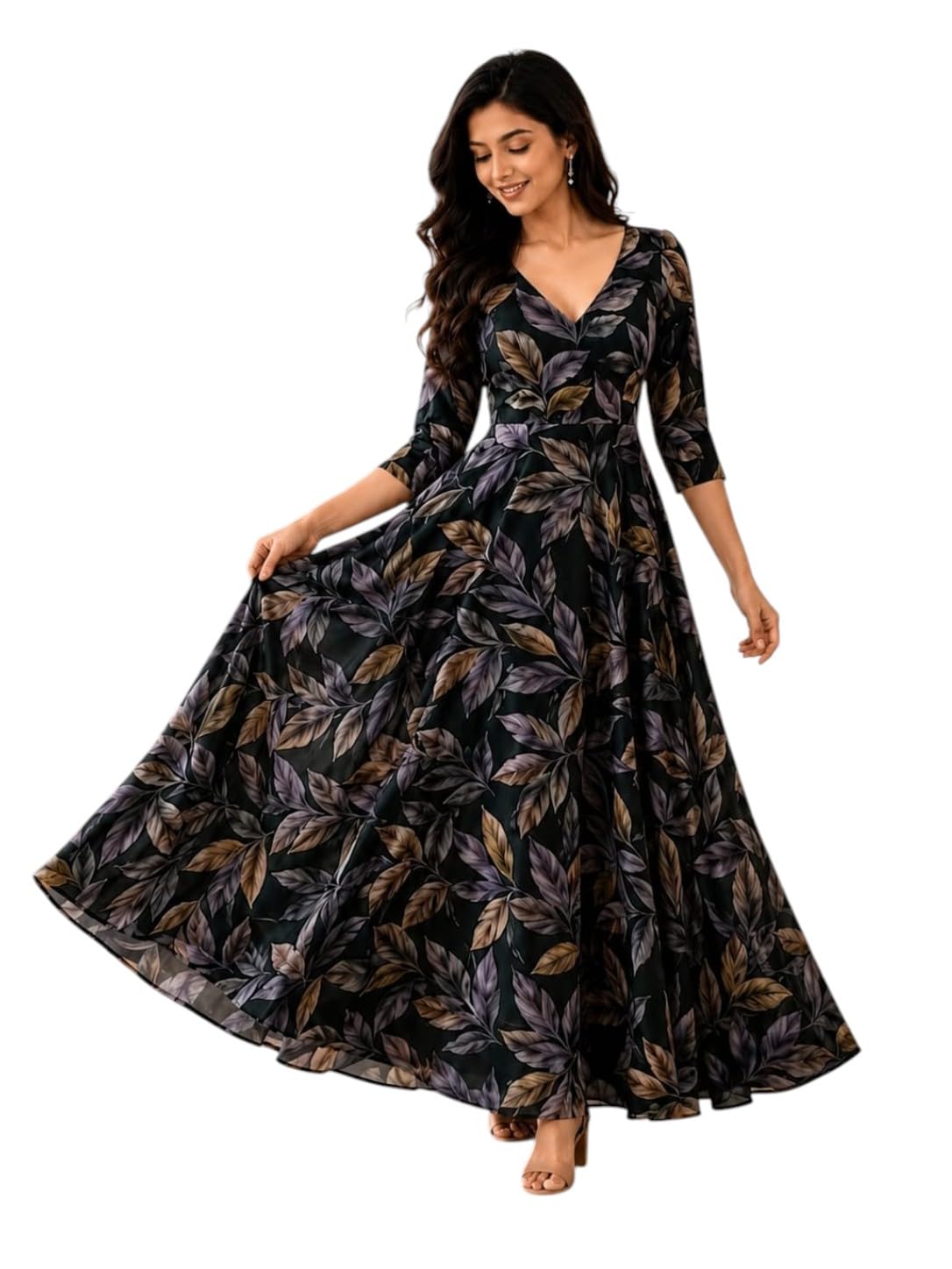 Women's Black Botanical Leaf Printed V-Neck Flared Maxi Gown-picture-33