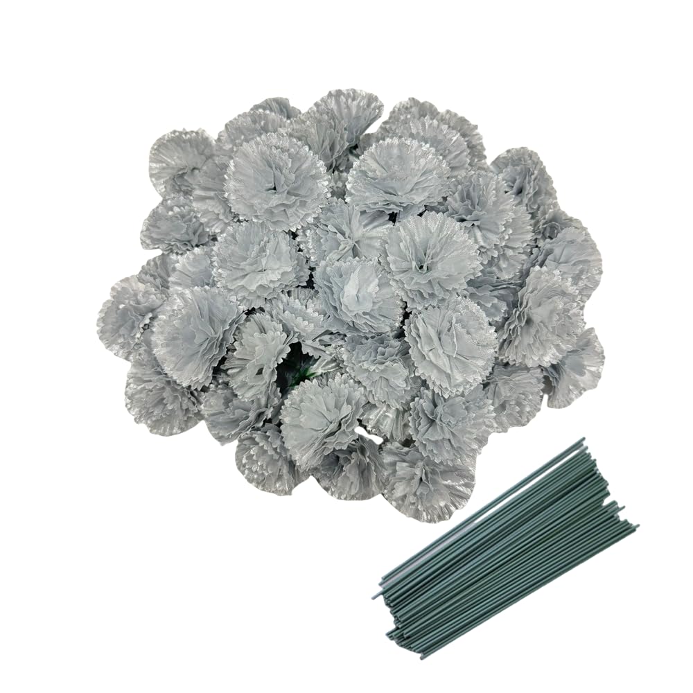 Rikyo Silver 50 Artificial Silk Carnation Flower Head With Stems Set,Vase Fillers,Marigold Flower Heads For Diwali Decor Day Of The Dead Wreath Garland Cake Ornaments,2" Petals Heads With 8" Stems (Silver)