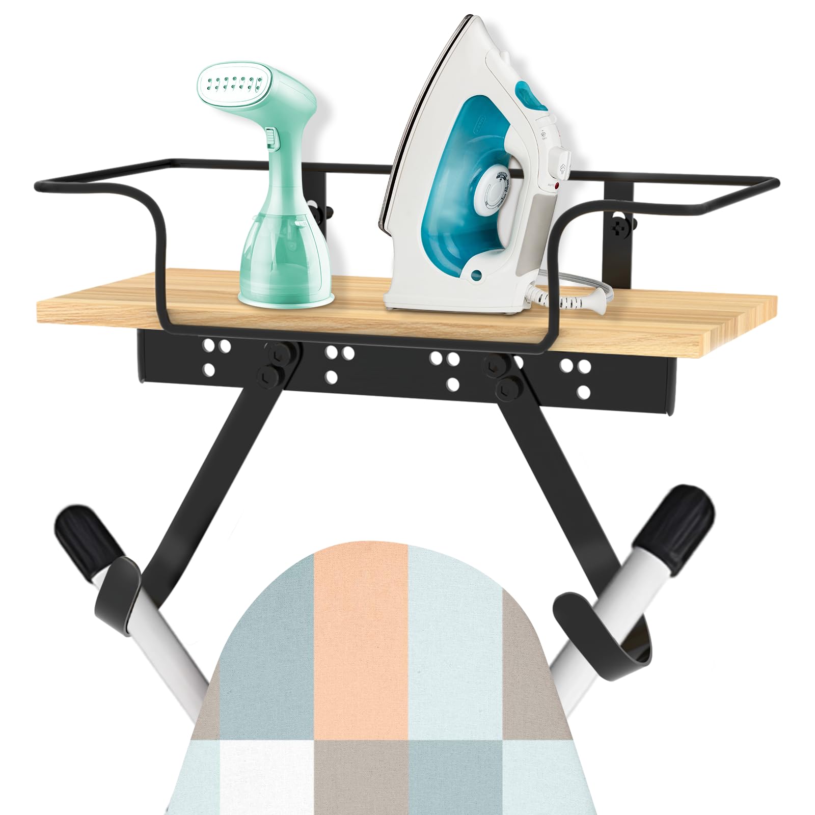 SMZCTYIIroning Board Holder Wall Mount, Adjustable Hooks for Y & T-Leg Iron and Ironing Board Holder Wooden Decor Organization Ironing Board Hanger for Laundry Room, Bedroom, Cloakroom