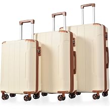 3 Piece Expandable ABS Hardshell Suitcase Set, TSA Approved Lock Double Spinner Wheels, Telescopic Handle, Corner Guards, Nested Storage for Air Travel White Brown