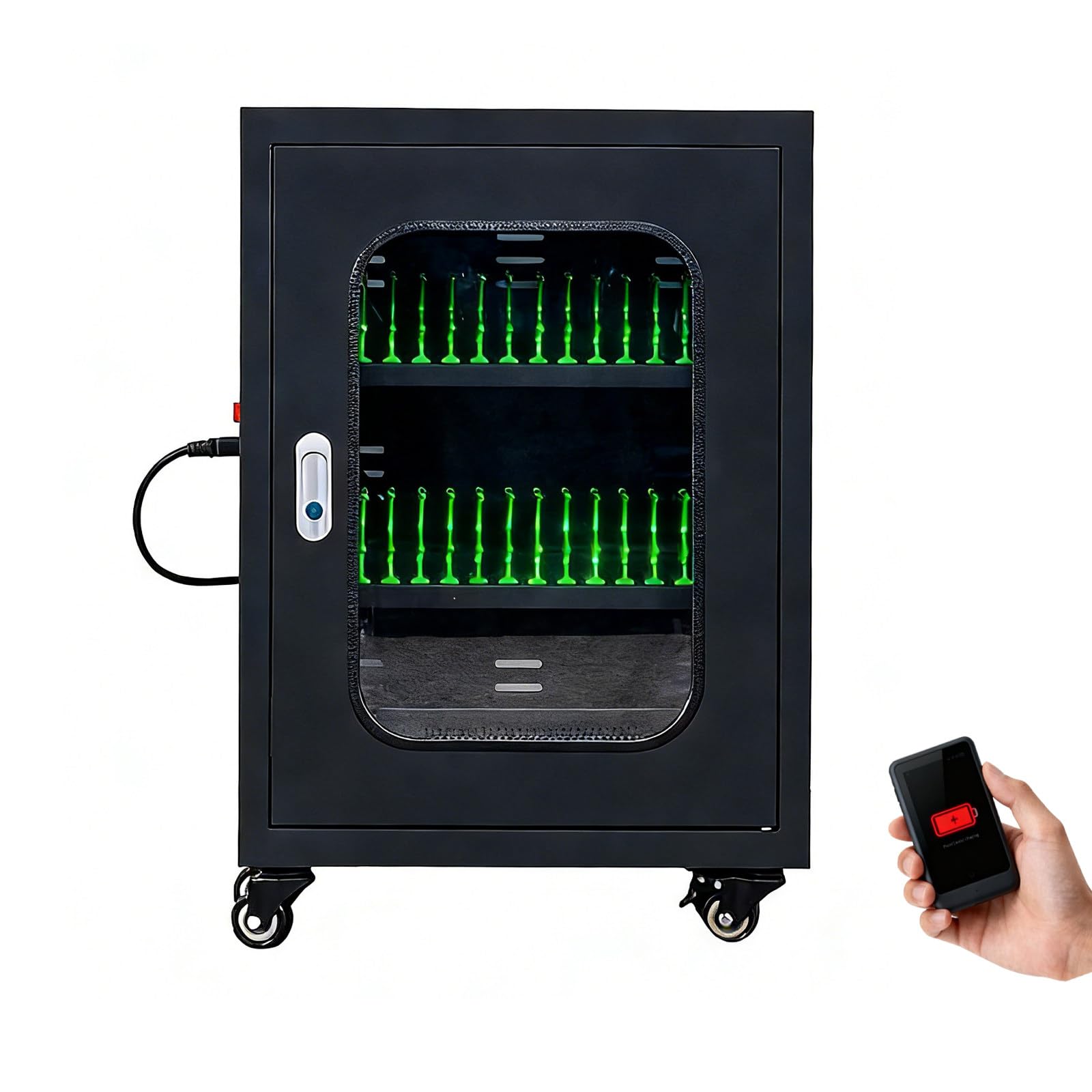 Wózek Ładujący USB 30 Portów Black | Szafka Do Ładowania Telefonów 5V/2A Z Zamykanym Schowkiem, Stacja Ładowania Urządzeń Mobilnych Do Szkół I Biur