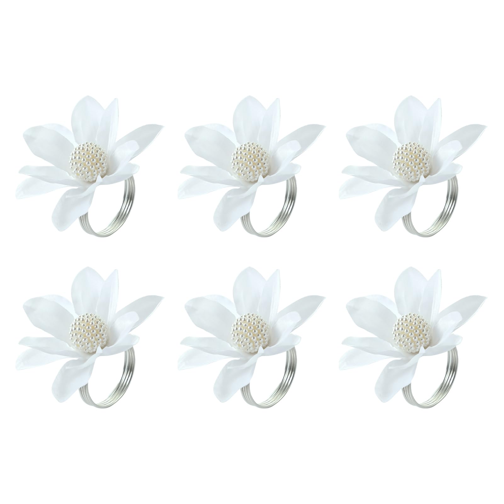 6Pcs White Lotus Napkin Rings, Chiffon Flower Metal Holders – Faux Pearl Dinner Decor for Wedding, Bridal Shower Table B 6pcs