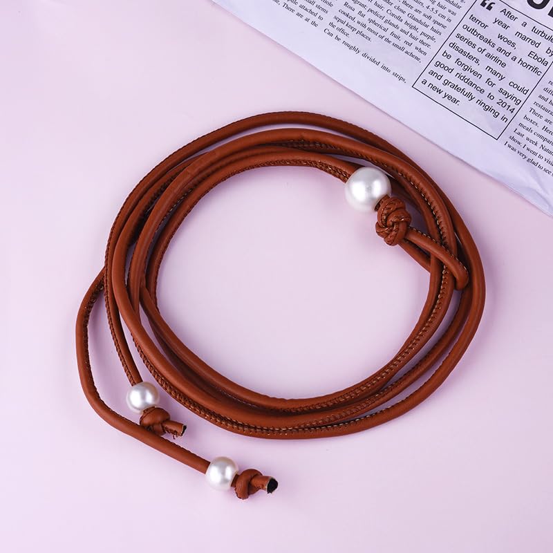 Brown Pearl Rope Leather Belt with Imitation Pearl Accents Adjustable Tie Waist Belts for Womens Simple Skinny Thin Leather Belt for Dresses Skirts Pants Women Minimalist Boho Accessory​2