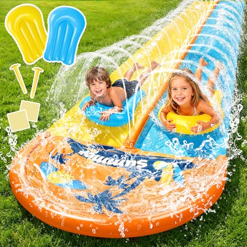 JONRRYIN 950cm Toboggan Aquatique, 155cm Toboggan de pelouse avec Arroseur Doubletoboggan à Eau avec 2 Planches Gonflables pour Pelouse et Jeux d'eau en...