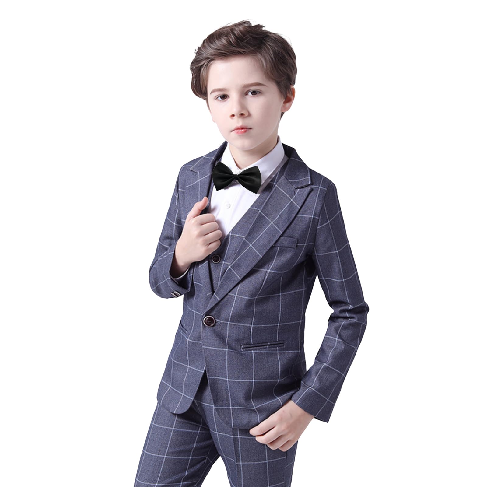Karierter Anzug für Jungen, 5-teilig, formelle Outfits, schmale Passform, Kleid, Kleidung, Kinder, Smoking, Blazer, Hemd, Weste, Hose, Fliege
