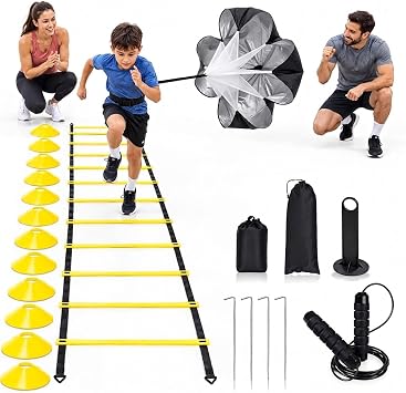 Agility Speed Training Equipment Set,20ft Rungs Speed Ladder,Agility Cones,Jump Rope, Running Resistance Parachute,Basketball Equipment Football Fitness Training Equipment for Kids Youth Adults Family