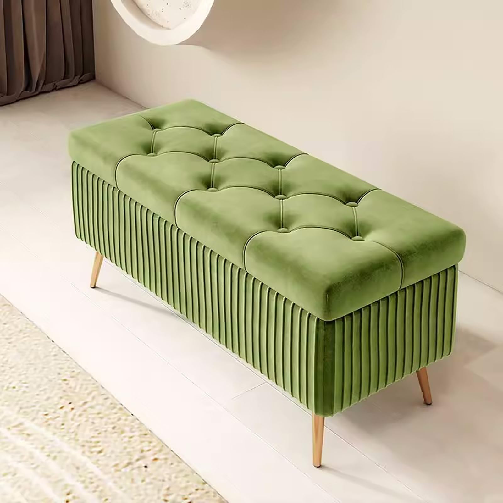 LWJSOCP Light Green Upholstered Shoe Bench for Entryway 59in Stylish Ottoman with Button Tufting Versatile Storage at for Bedroom & Living Room Fur Accents