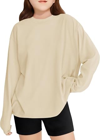Girls Long Sleeve Workout Tops Oversized Shirts Crew Neck Graphic Gym Clothes Kids Baggy Winter Clothing