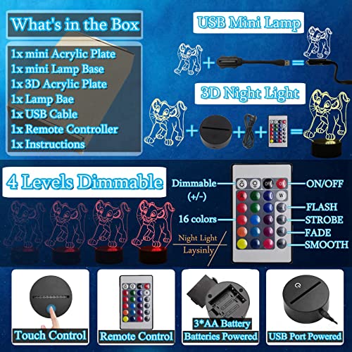 Laysinly The Lion 3D Night Light, Lion Simba Kids Led Night Light For Bedroom, Touch & Remote Control, Usb Powered, Multicolor Birthday Holiday Decoration Lighting #TOP5