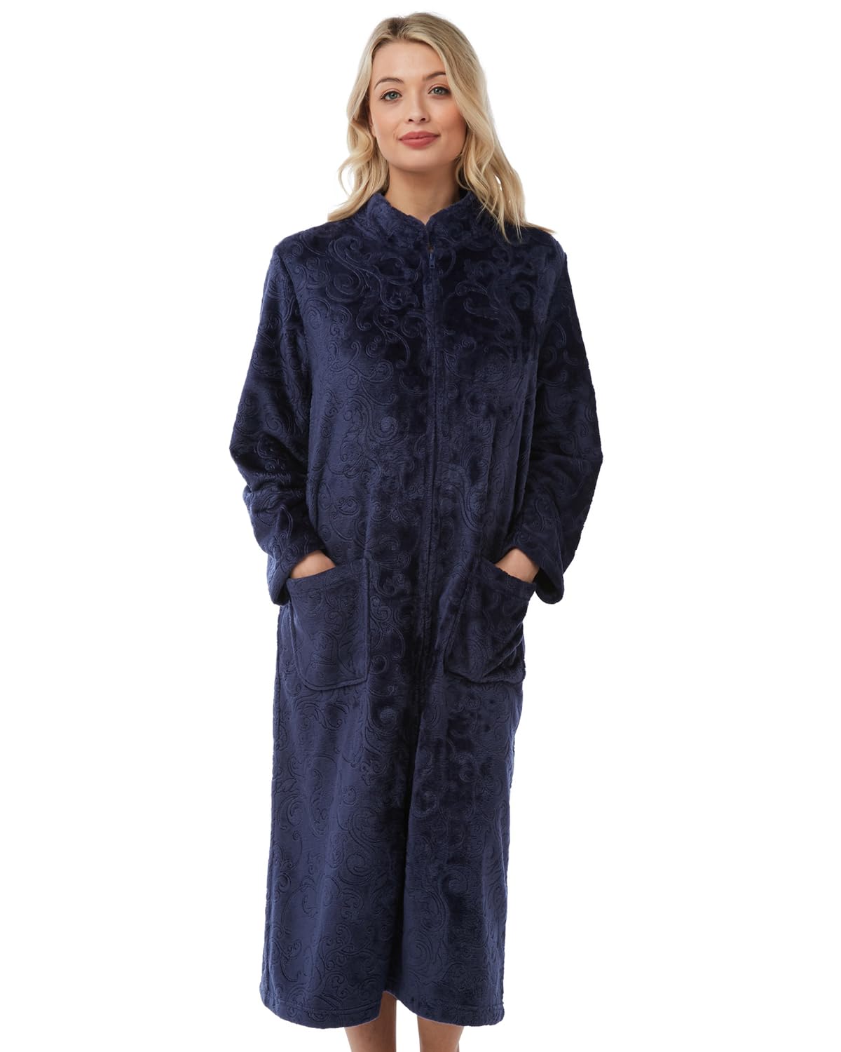 Slumber Hut Ladies Embossed Zip Gown Navy 10-12