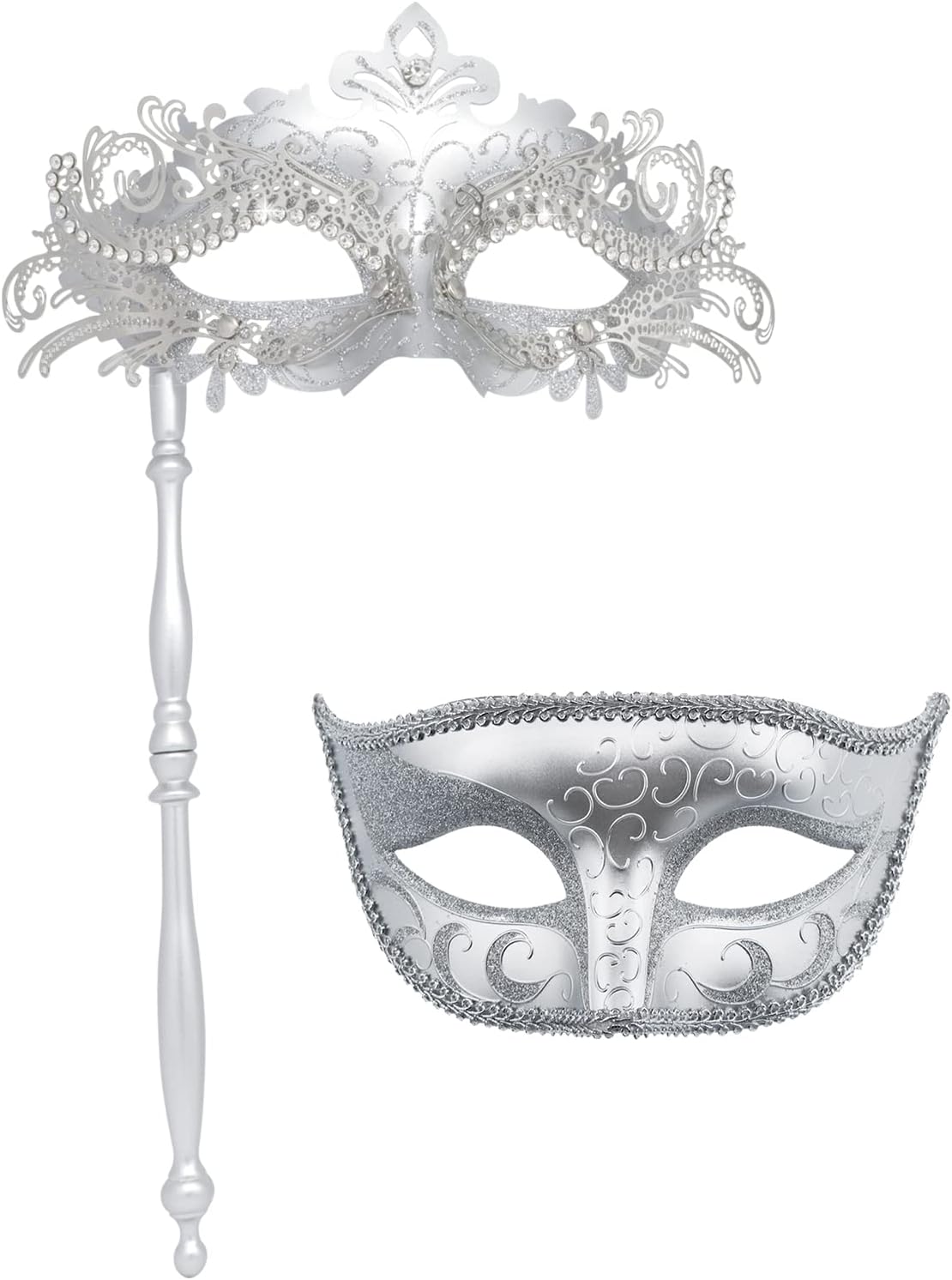 Coddsmz Couple Masquerade Masks Set with Holding Stick Venetian Halloween Costume Masks Mardi Gras Masks Party Costume Mask