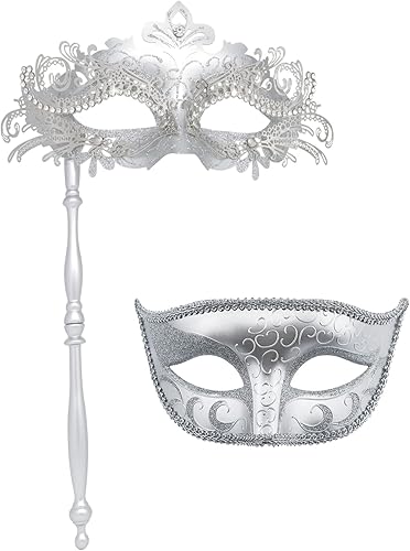 Coddsmz Juego de máscaras para parejas con palo de sujeción, máscaras venecianas de Halloween, máscaras de Mardi Gras, máscara de disfraz de fiesta