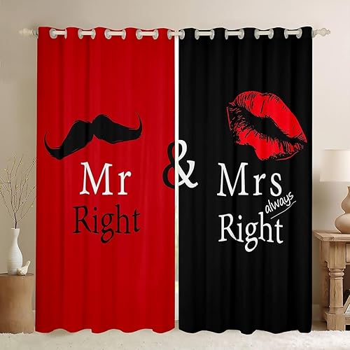 Cortinas de ventana de Mr Mrs - Cortinas creativas negras y rojas para hombre, bigote y mujer, tratamientos de ventana divertidas, cita blanca para
