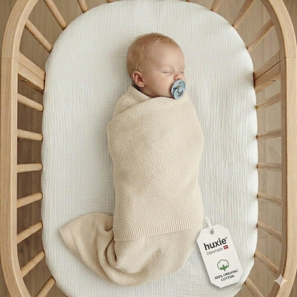 Knitted Organic Cotton Baby Blanket- Swaddle Blanket, 30" x 40" Soft Receiving Blanket for Newborn. (Ultra Soft Ivory)