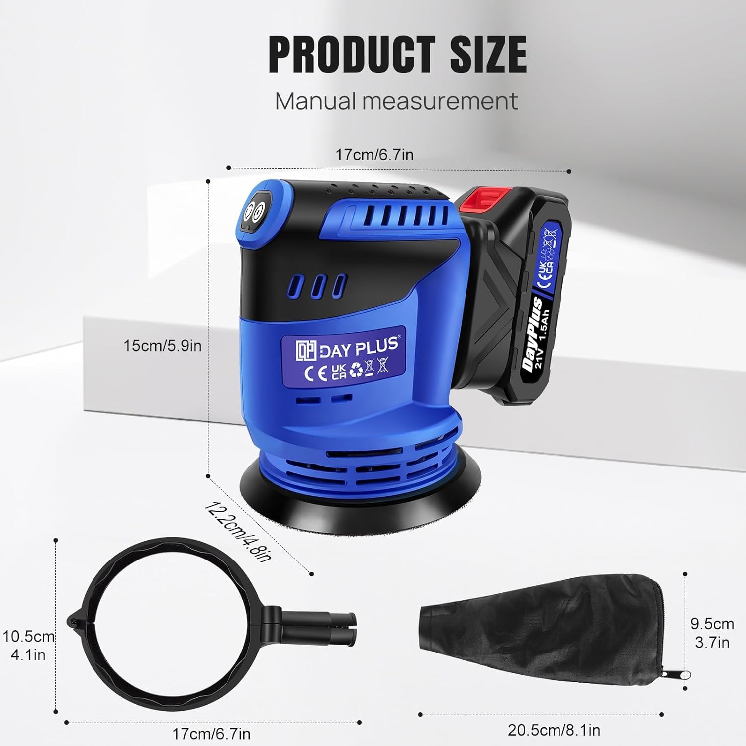 Lijadora orbital aleatoria inalámbrica con batería de 1.5 Ah y cargador rápido, 125 mm, 3 velocidades, 11000 rpm, 12 piezas de papel de lija mini lijadora orbital eléctrica con bolsa de polvo para