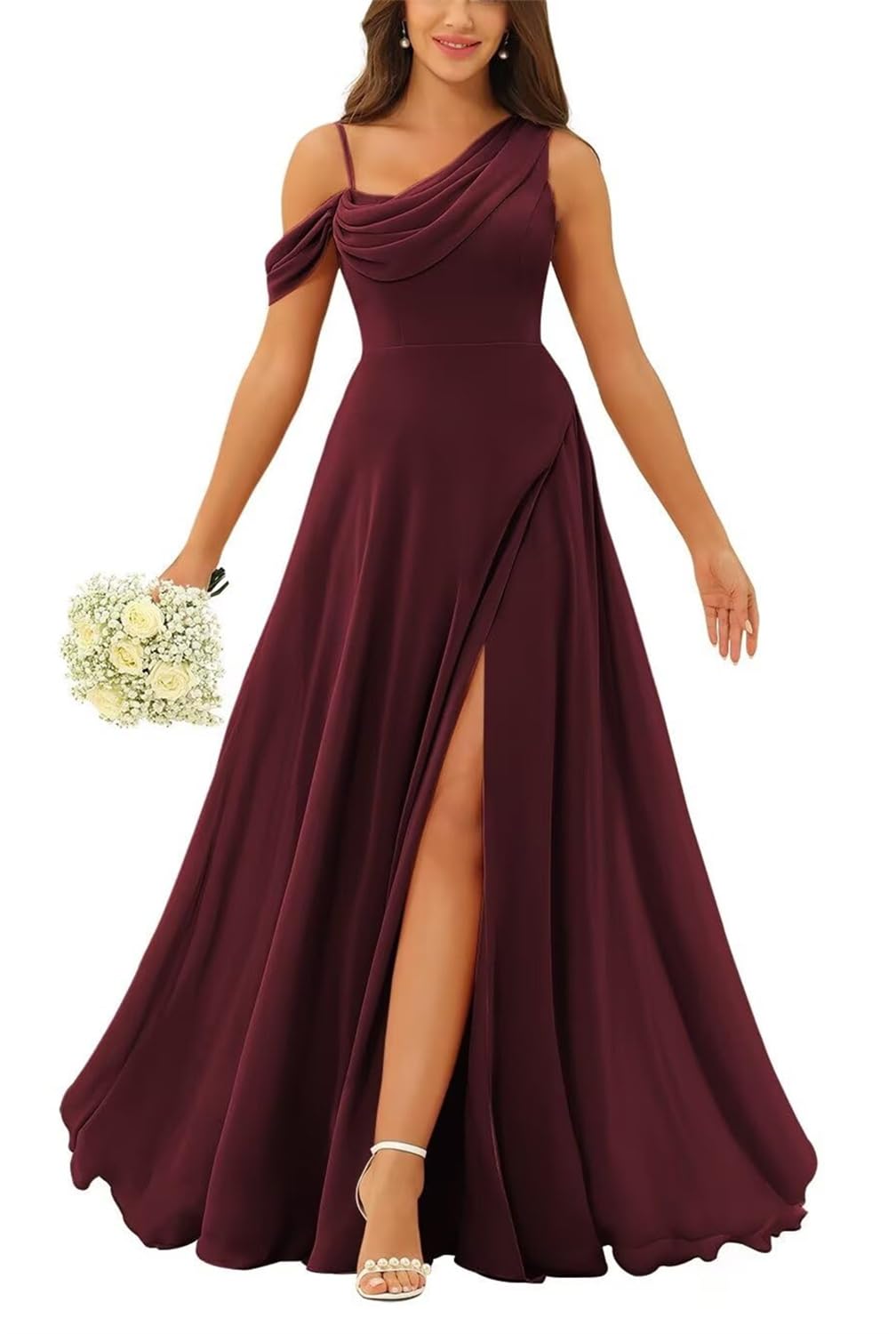Hppee Women's Burgundy One Shoulder Bridesmaid Dresses Long Pleated Formal Wedding Guest Dress With Slit Uk10