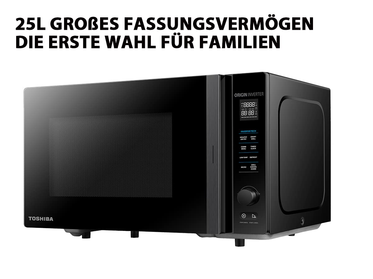 Toshiba MV-TC25T(BK) 4-in-1-Mikrowellenherd mit Heißluftfritteuse, Origin-Inverter-Technologie, leicht zu reinigendem Emaille-Innenraum, 25 L, 2100 W, Schwarz
