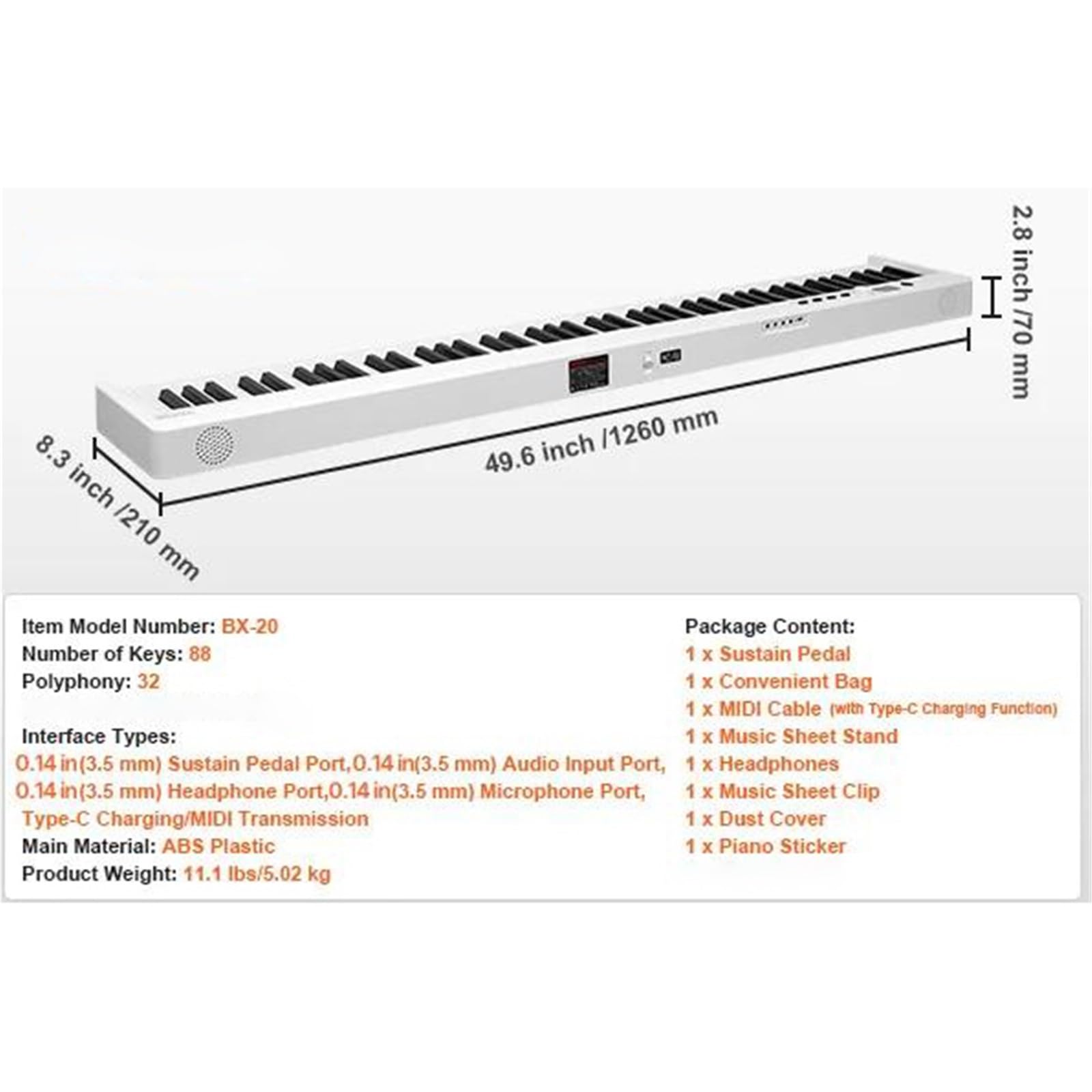 Pianino Elektroniczne Profesjonalne Elektroniczne Cyfrowe Pianino Składane 61 Lub 88 Klawiszy Ładowalne Dla Początkujących Dorosłych(88 Keys White)