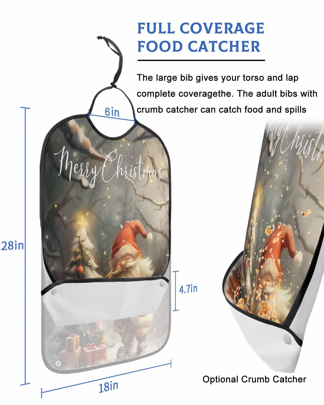Onekaccu Christmas Adult Bibs for Elderly Women Men Washable Bibs for Eating, Cartoon Gnomes Forest Retro Cabin Snow Scenery Waterproof Clothing Protectors Adult Bibs with Crumb Catcher