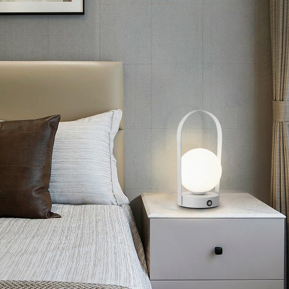 Nordic Globe Tischlampe, wiederaufladbar, kabellos, 3-Farben-Modus, kleine Schreibtischleuchte, tragbare Campinglampen for den Außenbereich, Schlafzimmer, Schreibtisch-Lesevorrichtung(White)