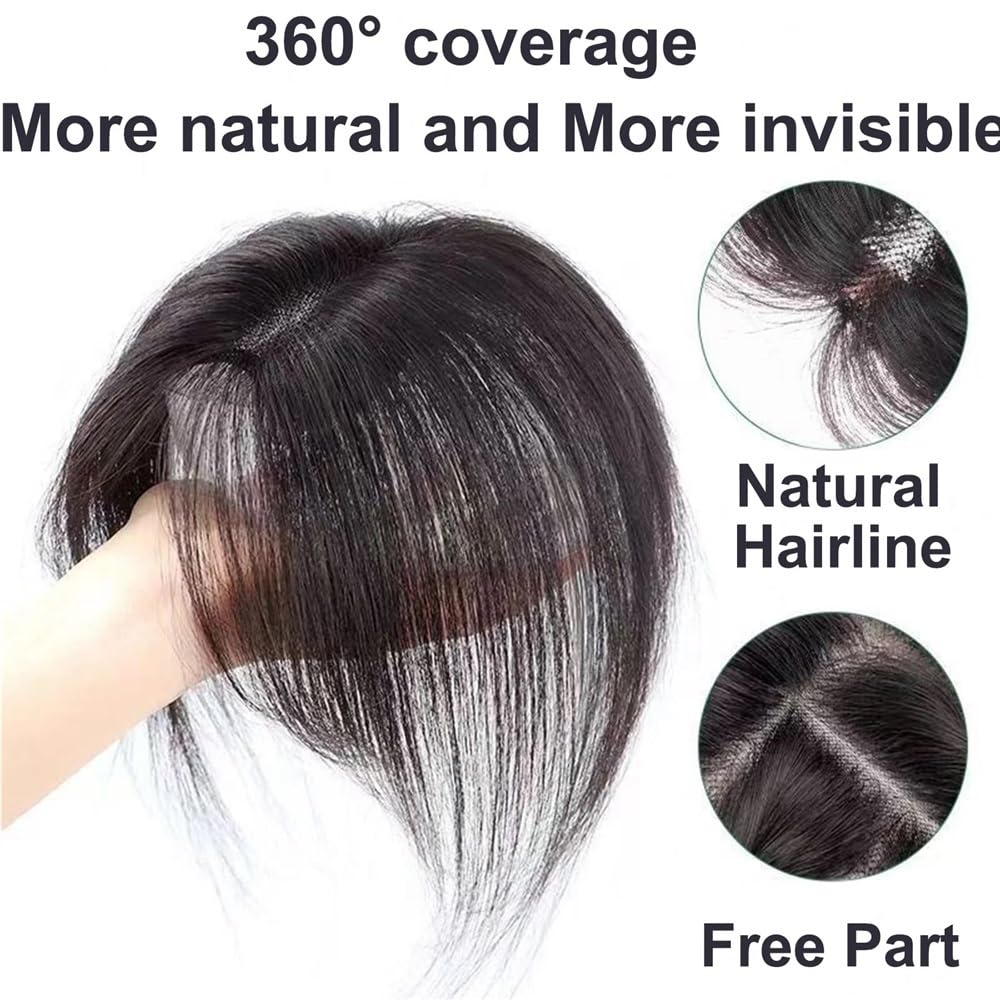 Topper per capelli umani con frangia 8 x 11 cm, base in pizzo svizzero, parrucca morbida, leggera e traspirante con 3 clip, linea di capelli naturali per le donne (nero naturale)